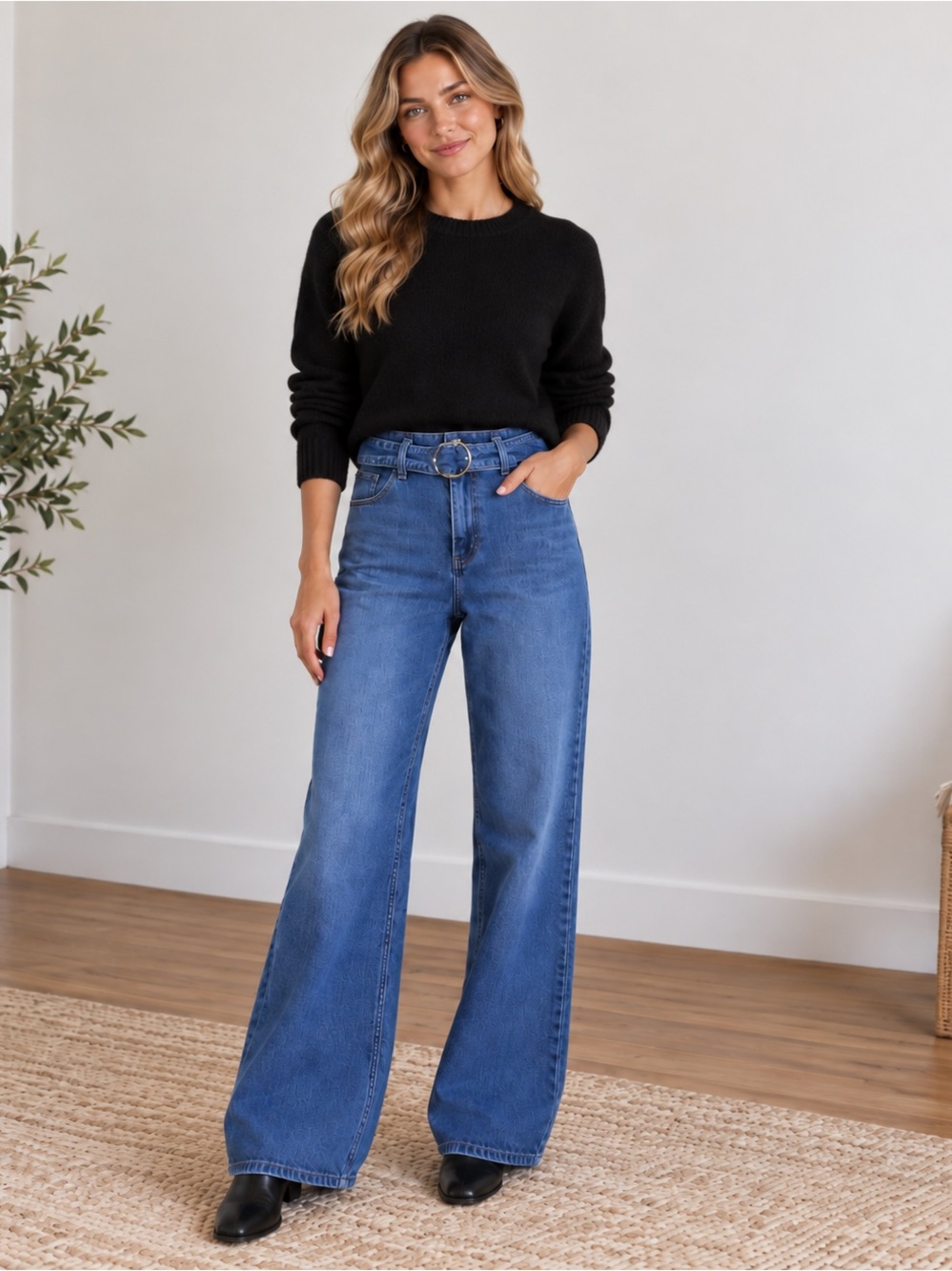 Paige Genevieve Size 26 Belted Wide Leg Jeans Medium Wash Stretch Denim